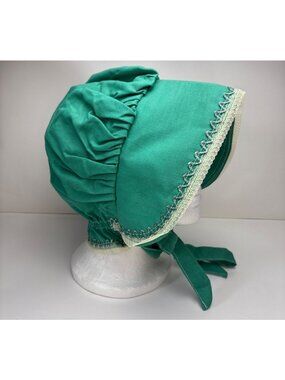 Green Bonnet Hat Lace Trim & Ties Prairie Look Handmade Vtg